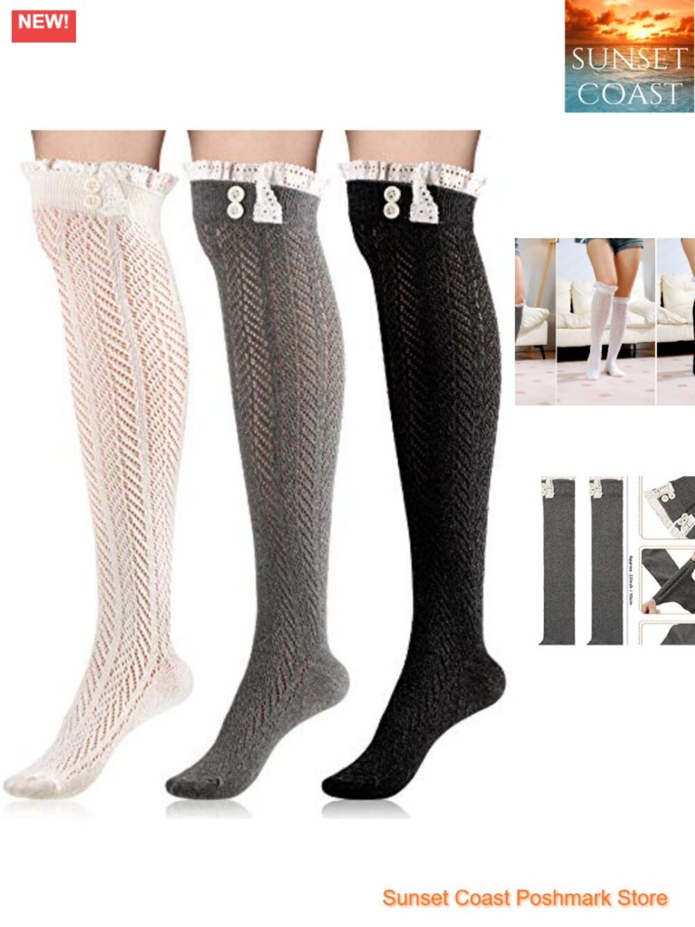 Knee High Lace Socks Thigh High Cotton 3 Pairs